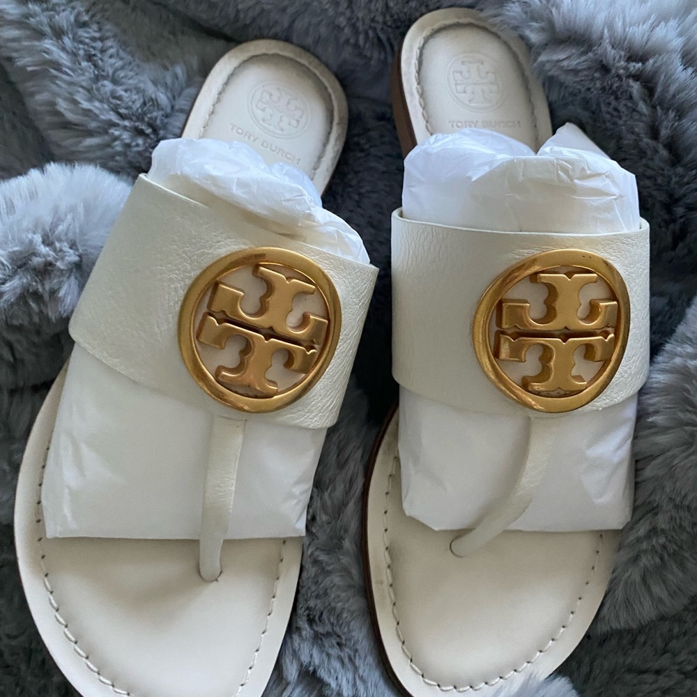 Tory Burch White and Gold Sandals with Iconic Logo